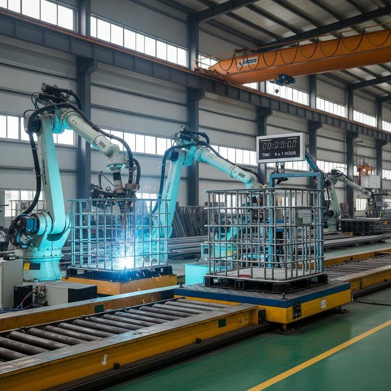 IBC Tote Cage Fabrication IBC cage welding production line featuring vibration testing time 0 to 1 hour welding process